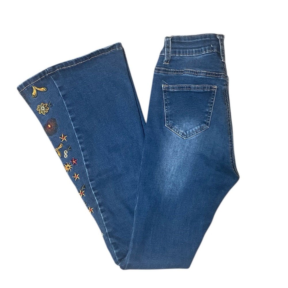Flare Leg Mid-rise Jeans Boho Floral Embroidery Bamboo Size 1